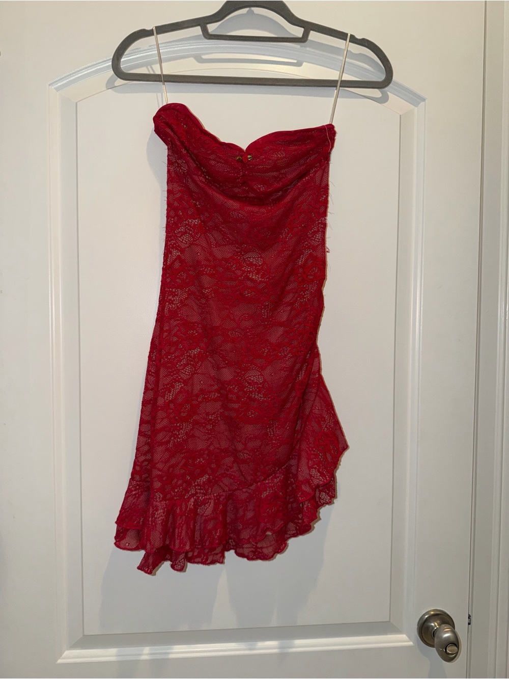 PRINCESS POLLY Red Lace Slip Dress with Ruffle Hem